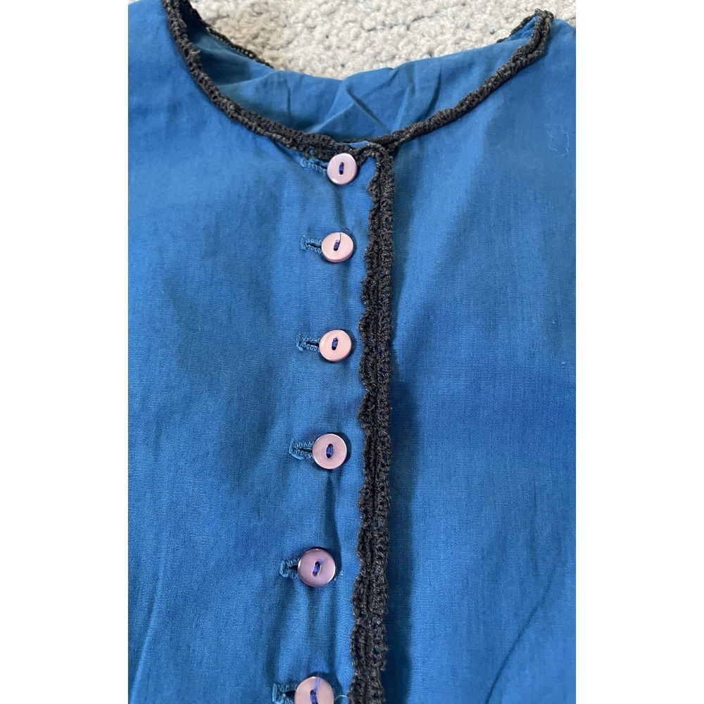 60s 70s Handmade Pleated A-Line Dress Sz 6 Teal Blue Black Trim Buttons Classic - Picture 5 of 10